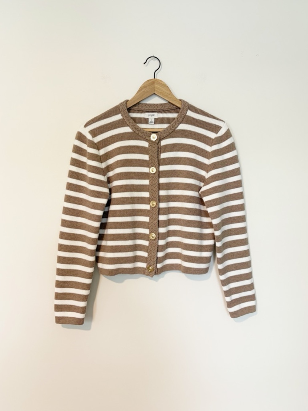 J Crew Tan & White Striped Cotton Lady Cardigan Jacket